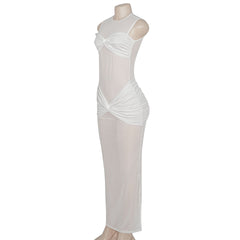 Crewneck sleeveless mesh patchwork ruched maxi dress