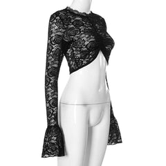 Long flared sleeve lace ruched crop top