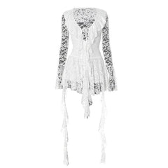 Long flared sleeve lace self tie mini dress