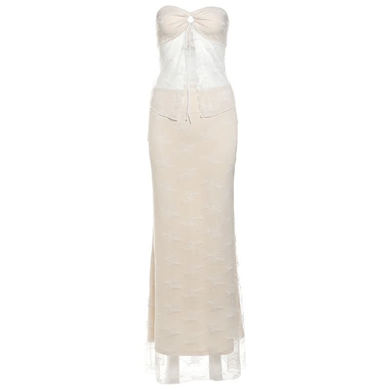 Sweetheart neck lace self tie crop maxi skirt set
