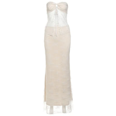 Sweetheart neck lace self tie crop maxi skirt set