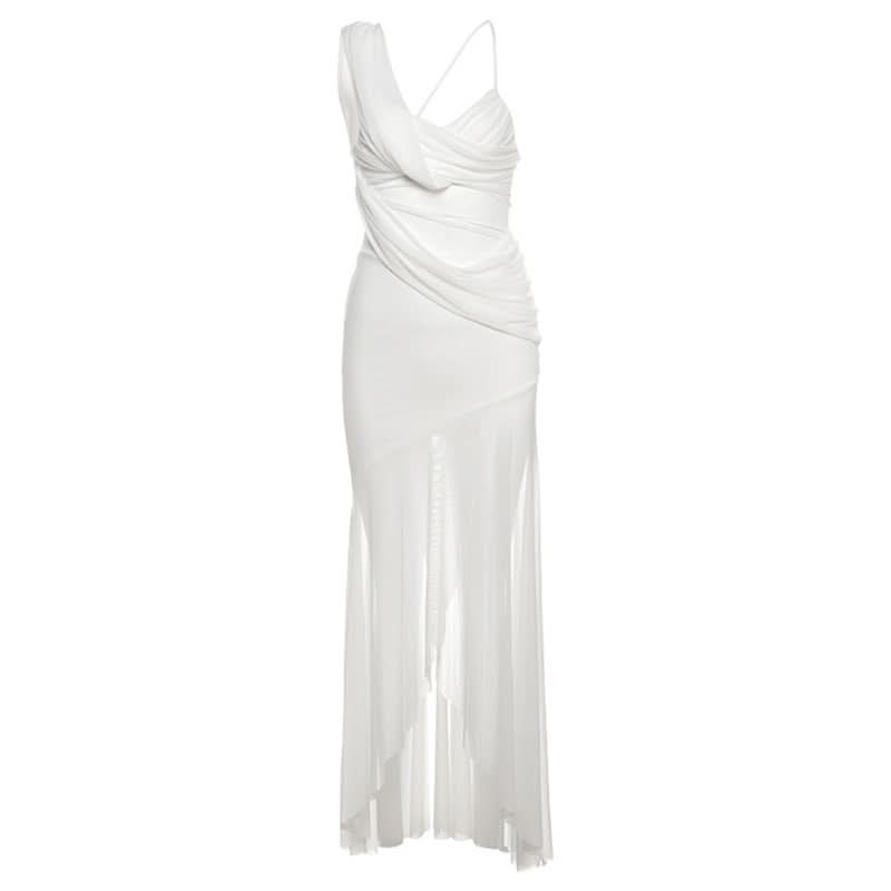 Cowl neck ruched mesh slit cami maxi dress