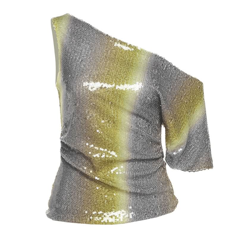 One shoulder glitter contrast top