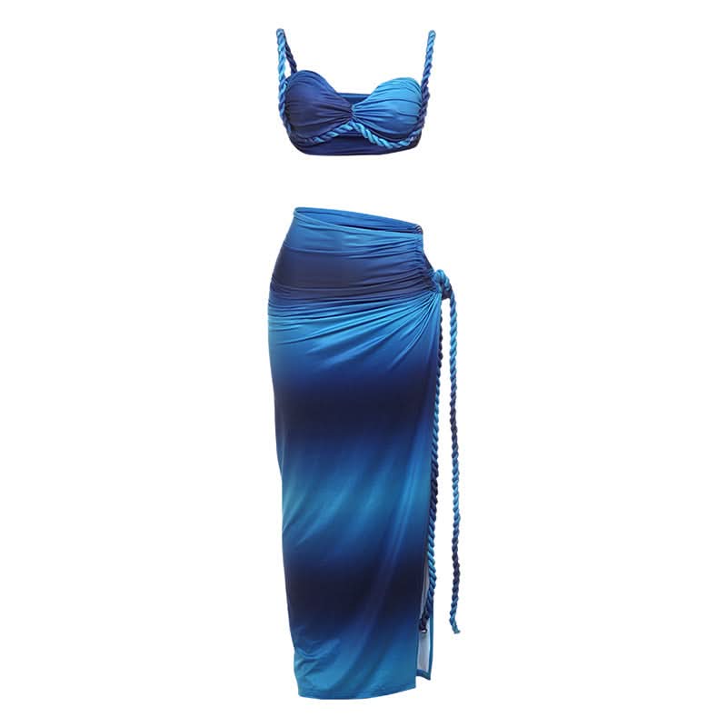 Sweetheart neck contrast slit cami maxi skirt set