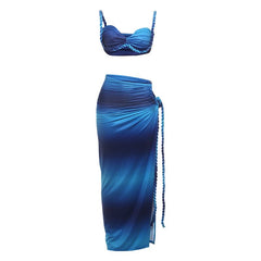 Sweetheart neck contrast slit cami maxi skirt set