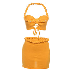 Halter knitted lace up beaded zip up mini skirt set