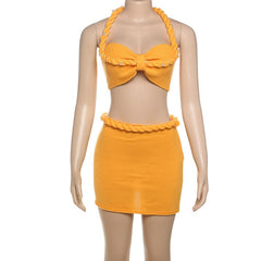 Halter knitted lace up beaded zip up mini skirt set