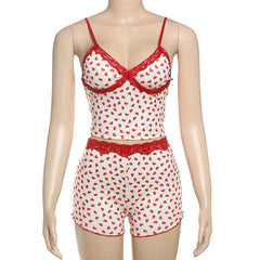 Sweetheart print v neck lace hem cami short pant set