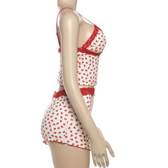 Sweetheart print v neck lace hem cami short pant set