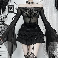 Long flared sleeve off shoulder mesh drawstring top