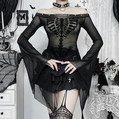 Long flared sleeve off shoulder mesh drawstring top