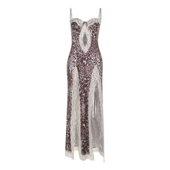 Leopard print lace hem hollow out high slit cami cut out maxi dress