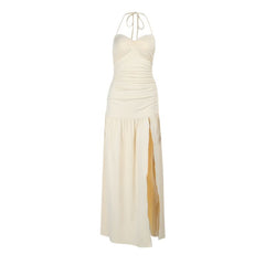 Ruched halter high slit maxi dress