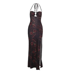 Halter o ring backless flower print slit maxi dress
