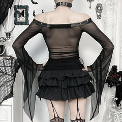 Long flared sleeve off shoulder mesh drawstring top