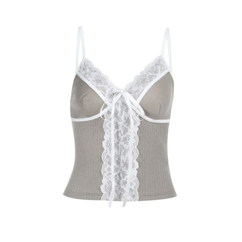 V neck lace hem self tie cami top