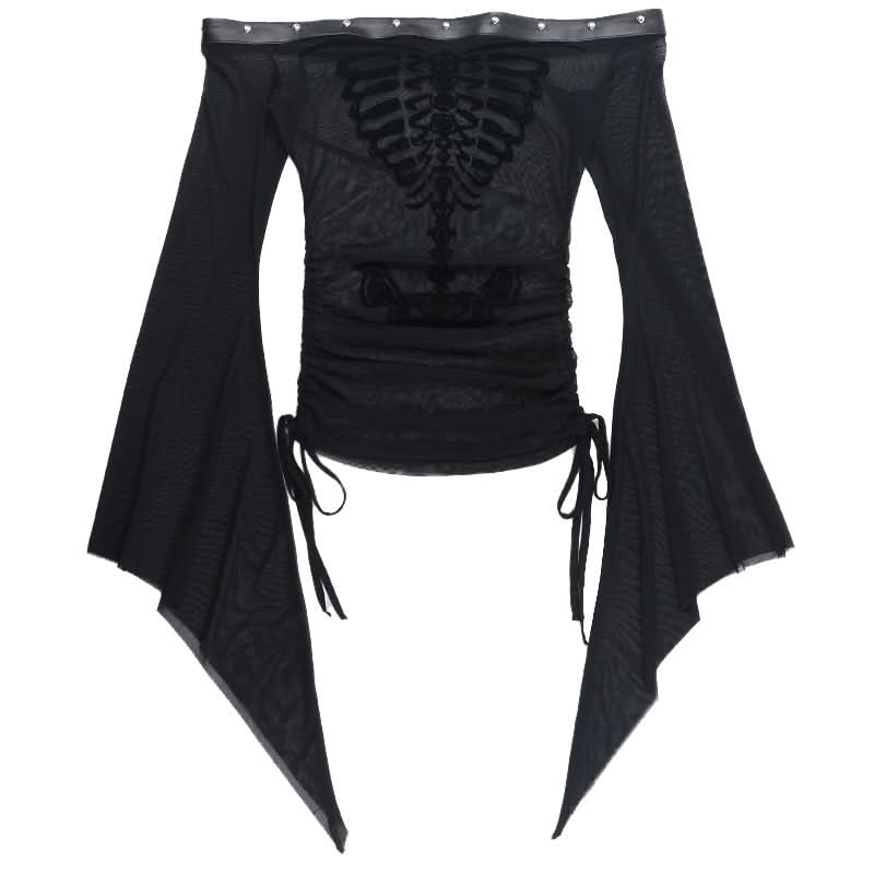 Long flared sleeve off shoulder mesh drawstring top
