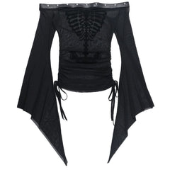 Long flared sleeve off shoulder mesh drawstring top