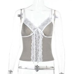 V neck lace hem self tie cami top