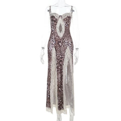 Leopard print lace hem hollow out high slit cami cut out maxi dress