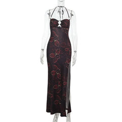 Halter o ring backless flower print slit maxi dress