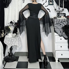Long flared sleeve mesh high slit corset maxi dress