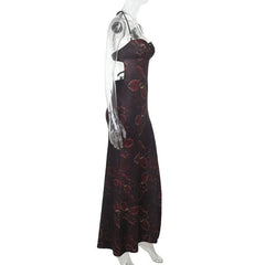 Halter o ring backless flower print slit maxi dress
