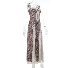 Leopard print lace hem hollow out high slit cami cut out maxi dress