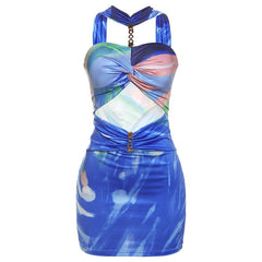 Halter hollow out contrast ruched cut out mini dress