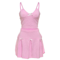 V neck bowknot knitted cami mini skirt set