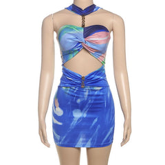 Halter hollow out contrast ruched cut out mini dress