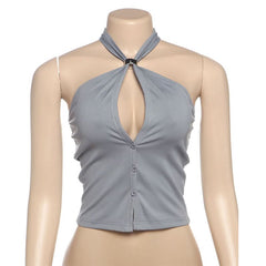 Halter hollow out button backless cut out top