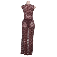 Crewneck sleeveless lace see through maxi skirt set