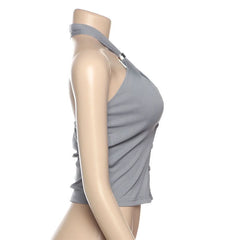 Halter hollow out button backless cut out top