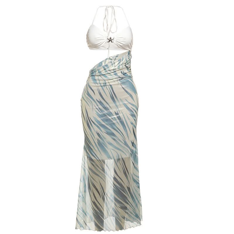 Halter hollow out contrast star applique cut out maxi dress