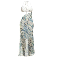 Halter hollow out contrast star applique cut out maxi dress