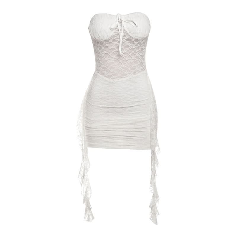 Self tie lace ruched ruffle mini dress