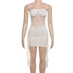 Self tie lace ruched ruffle mini dress