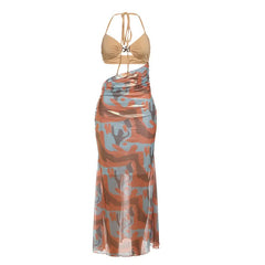 Halter hollow out contrast star applique cut out maxi dress