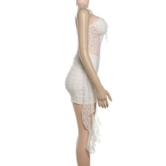 Self tie lace ruched ruffle mini dress