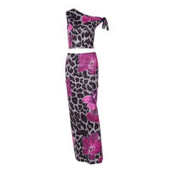 One shoulder flower leopard print maxi skirt set