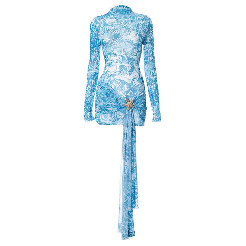 Long sleeve high neck mesh starfish applique mini dress