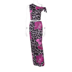 One shoulder flower leopard print maxi skirt set