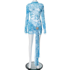 Long sleeve high neck mesh starfish applique mini dress