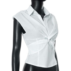Turnover collar cap sleeve v neck top
