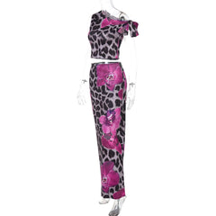 One shoulder flower leopard print maxi skirt set
