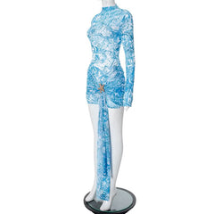 Long sleeve high neck mesh starfish applique mini dress