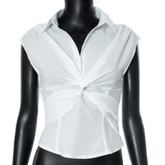 Turnover collar cap sleeve v neck top