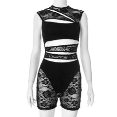 Hollow out lace zip-up romper