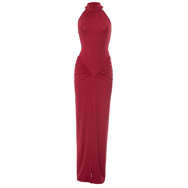 Crewneck ruched sleeveless solid maxi dress